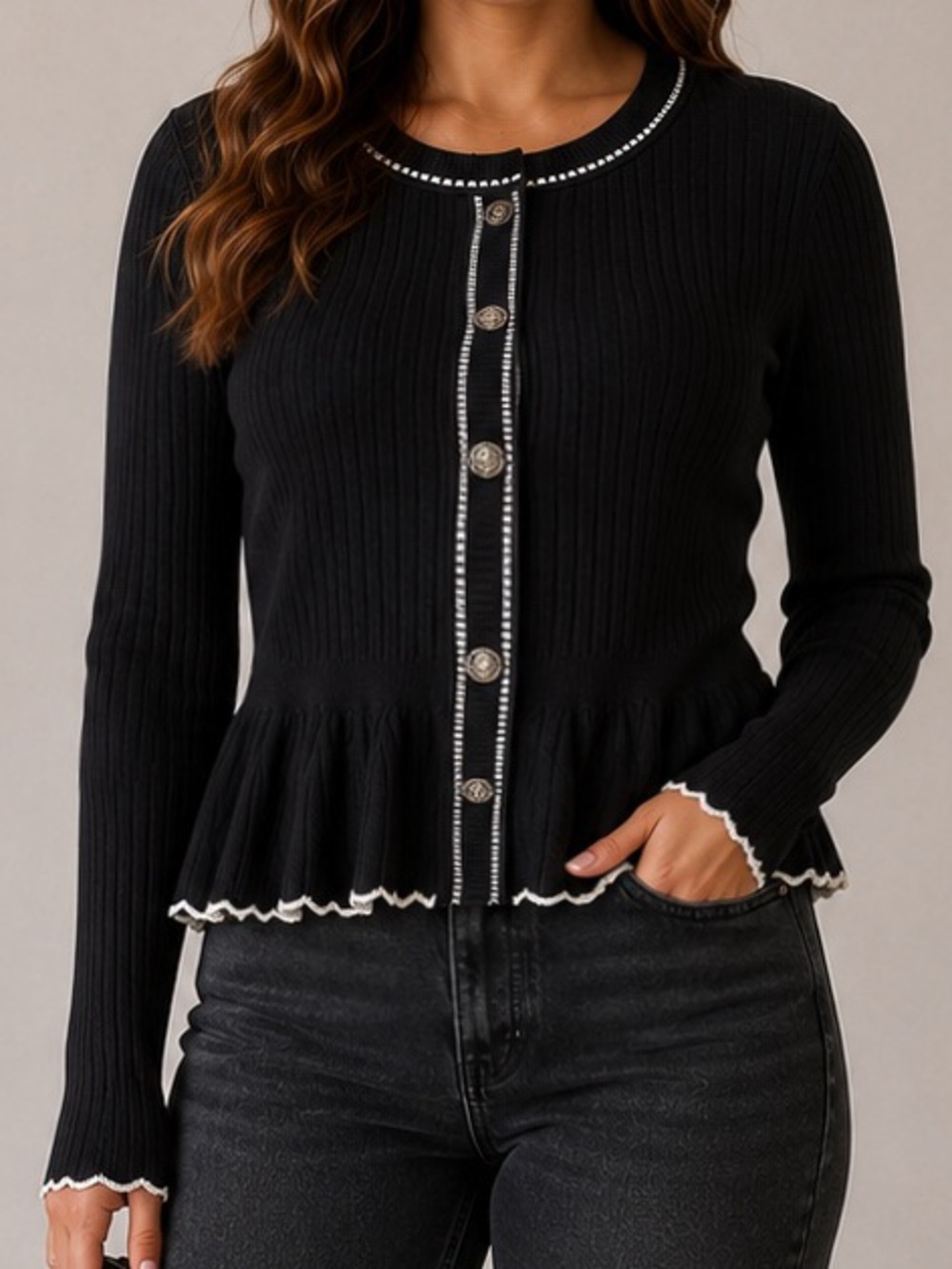 Nanette Lepore Ribbed Peplum Sweater Black White Trim Gold Buttons XL